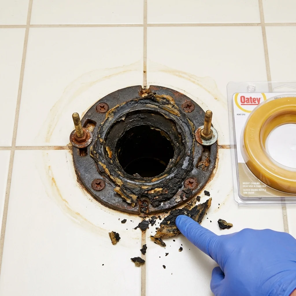 Failed wax ring showing water seepage at the base of a toilet in a Medina, TX home