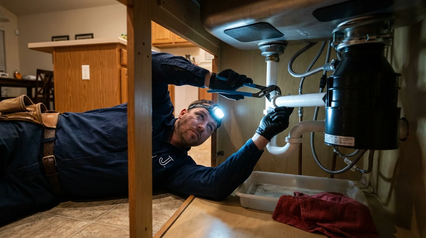 P-trap and supply line connections under a kitchen sink showing a common leak point in Medina, TX